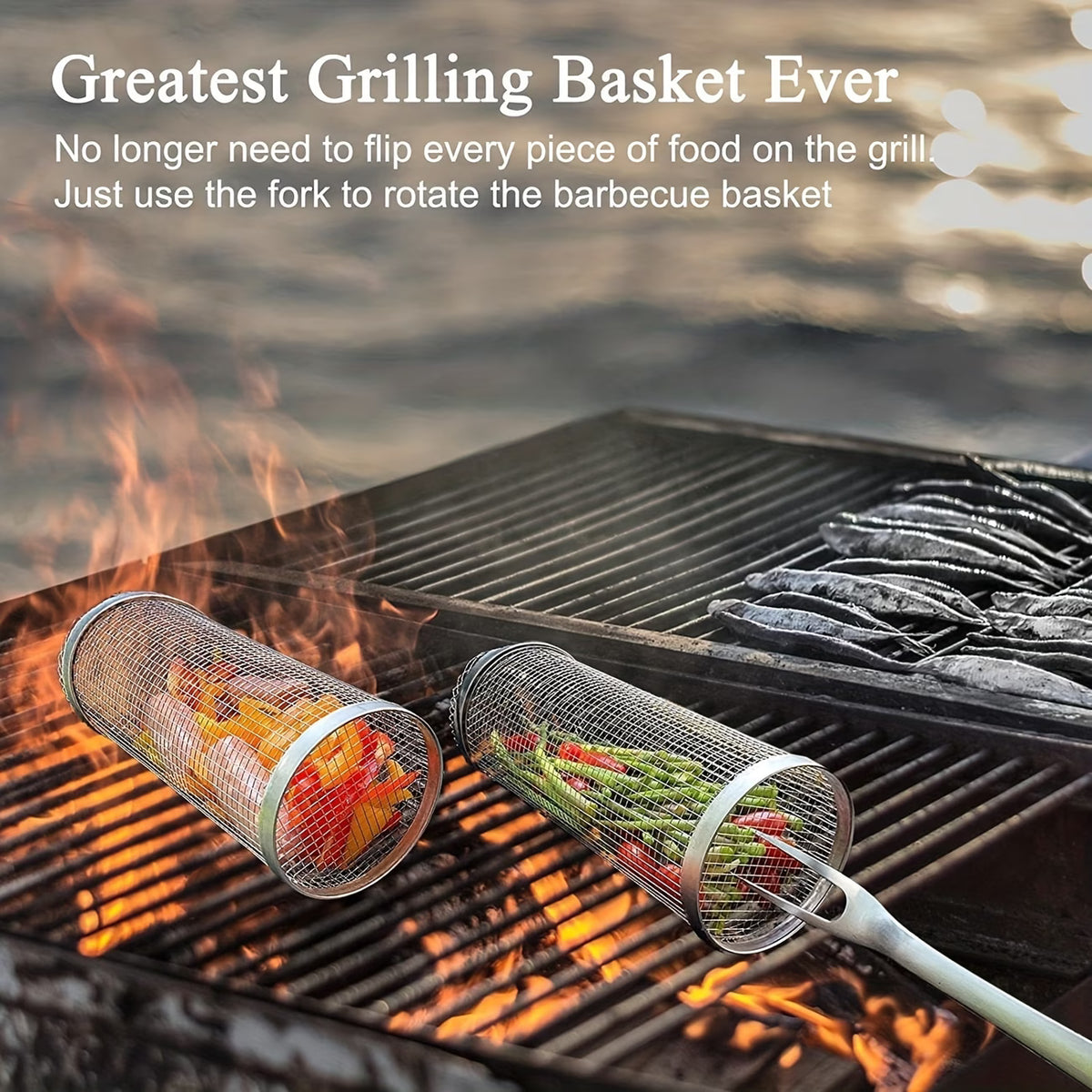 3-Piece Round Rolling Braai Basket Set with Fork & Hook