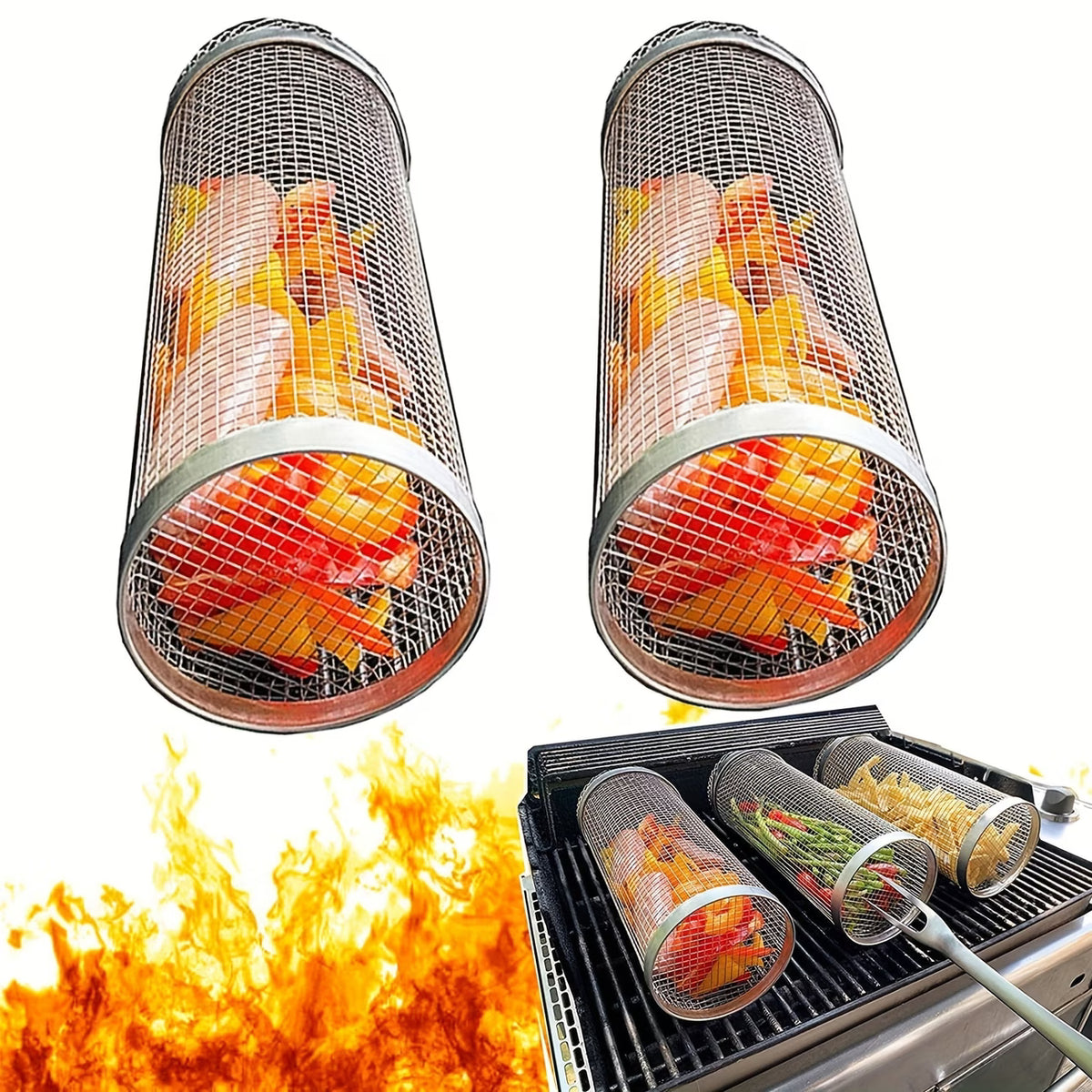 3-Piece Round Rolling Braai Basket Set with Fork &amp; Hook