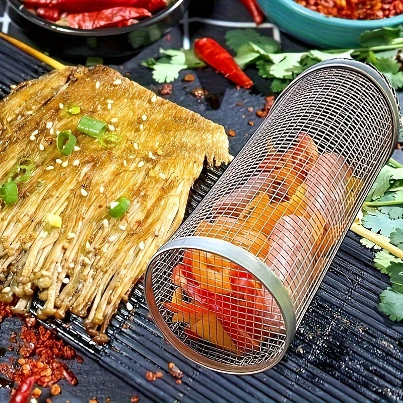 3-Piece Round Rolling Braai Basket Set with Fork &amp; Hook